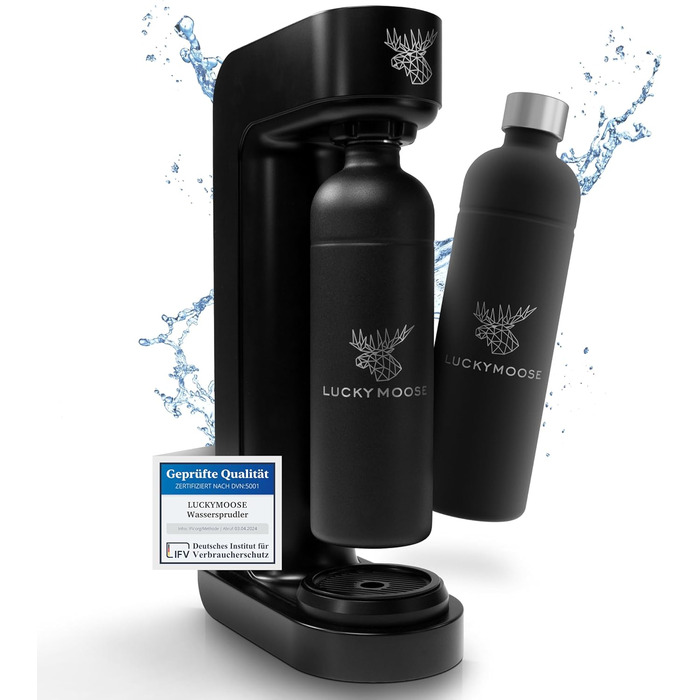 Газова машина Infinity з 2 пляшками по 1,25 л з нержавіючої сталі - економія до 25% CO2 завдяки автоматичній зупинці, пляшки придатні для миття в посудомийній машині та без терміну придатності. Чорний колір.