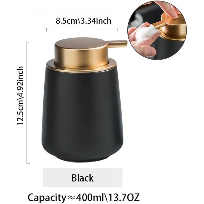 Дозатор для мила XUDREZ, керамічний, 380 мл, для кухні, чорний. Підходить для мила, шампуню, гелю для душу.