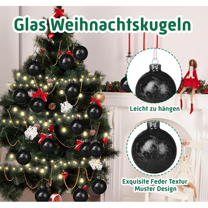 Скляні кулі Hengsong на Різдво: 24 шт. чорні та золоті, 6 см. Декорації для ялинки, різдвяний декор
