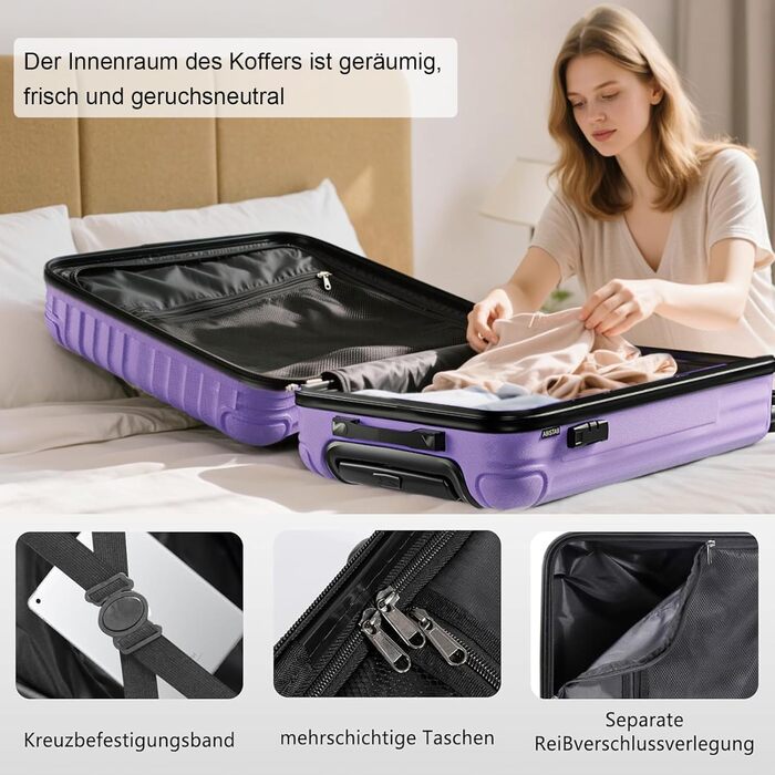 Чемодан 3-в-1, жорсткий корпус, валіза на 4 колесах із замком, ручна валіза, темно-зелений (S, світло-фіолетовий)