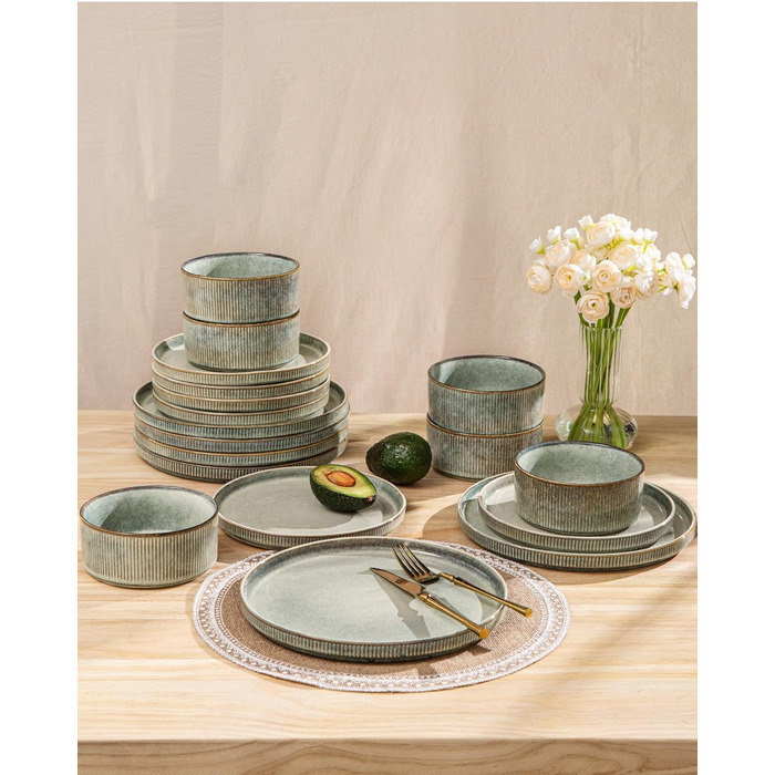 Набір посуду GBhome з реактивної глазурі для 6 осіб (18 предметів), ручна робота, керамічний посуд, безпечний для мікрохвильової печі та посудомийної машини, набір тарілок та мисок, колір Immergrün (Desret Salbei)