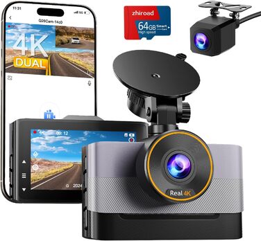 Відеореєстратор Auto Dashcam 4K+1080P з Wi-Fi, 64GB, IPS 3' екраном, Нічне бачення, G-сенсор, Loop-запис, 170°+140° Кут огляду, Паркінг 24/7, Керування через App, Підтримка до 256GB