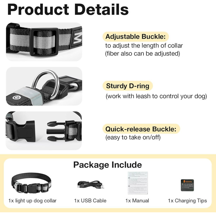 Світлодіодне нашийник для собак Leuchthalsband PcEoTllar, вологостійкий, 7 кольорів, регульований, для малих та великих собак, чорний, S-Upgrade