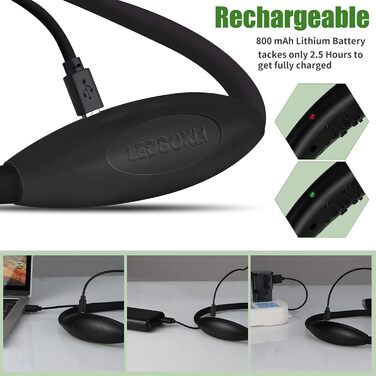 LED-лампа для читання LEDBOKLI з кріпленням на книгу, акумуляторна, 800mAh, 3 режими яскравості, гнучка шийка, 28 см, чорна