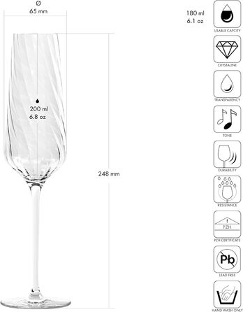 Набір келихів для шампанського Krosno Kristall, 4 шт, 200 мл – елегантні келихи для шампанського та просекко, сучасний дизайн, скло без свинцю, придатні для миття в посудомийній машині