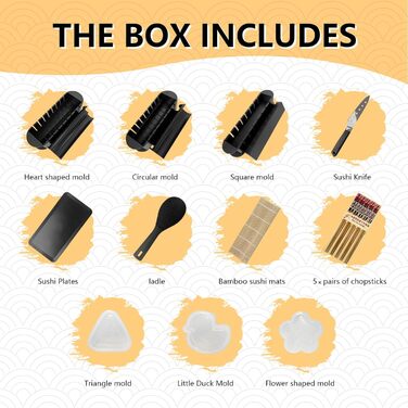 Набір для приготування суші Ninger Sushi Maker Set Deluxe Edition: 20 предметів для початківців з роликом, формами для ролів, ножем та палочками – повний комплект (чорний)