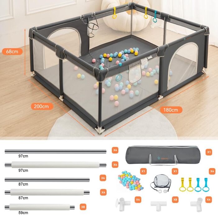 COMOMY Playpen Baby, 180x200x66cm Play Yard Baby Large XXL Safety Play Area Protective Fence for Children with Soft Net, Non-Slip Oxford Bottom, Balls, Mini-Baskets, and 4 Pull Rings, Green 180x200x66cm Dark Green