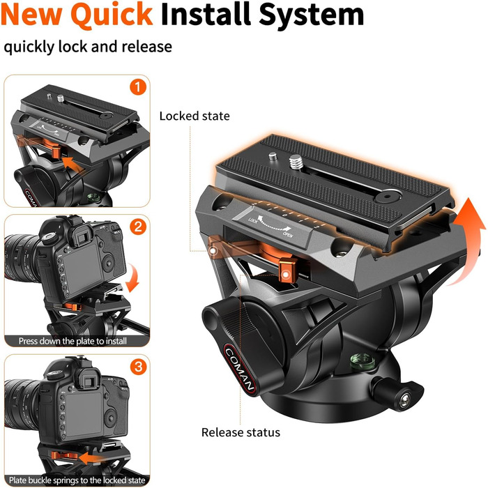 Штатив Coman Q6 для відеокамери та DSLR: міцна монопод з регулюванням 179.3 см, максимальне навантаження 10 кг, чорний