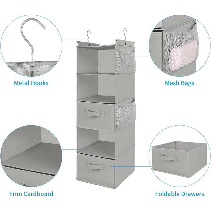Органайзер для шафи MAX Houser з 5 полицями, Економія місця, Тканинні полиці з 4 кишенями збоку, Складаний, Бежевий