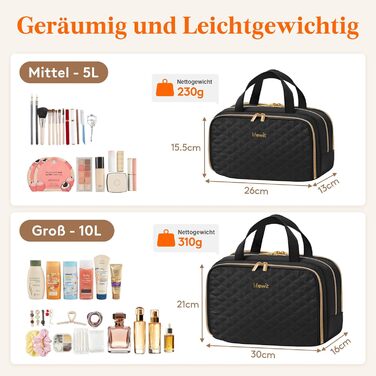 Жіноча дорожня косметичка Lifewit 10L, водовідштовхувана, з відділенням для мокрого, органайзер для макіяжу та аксесуарів, чорна