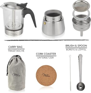 Milu Espresso Maker Induction Compatible | 4, 6 Cups | Stainless Steel Glass Moka Pot, Espresso Pot, Espresso Maker Set including coaster, spoon, brush (4 cups 200ml) Glass 4 cups (200ml)