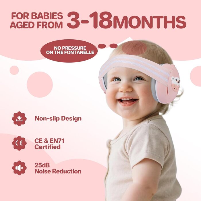 Навушники-захист вух для малюків 2-в-1 - рожеві, захист від шуму до 25 dB, регульоване антиковзне обруч до 48 місяців, м'які та легкі