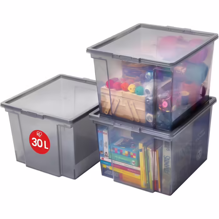 Iris Ohyama Versatile Storage Boxes, 30L, 6-Piece Set, Easy-Close Lid, Stackable, Plastic, For Closet, Shelves, Organization, Clothing, Bedding, Garage, USB-M (Gray, 30L / 3-Piece Set)