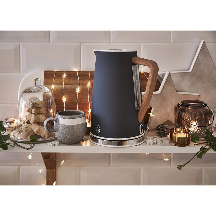 Swan Nordic Ultra Fast Electric Kettle - Wireless, Modern Design, 1.7L, 2200W, Wood-Look Handle, Auto Shutoff, White (Gray, Single)