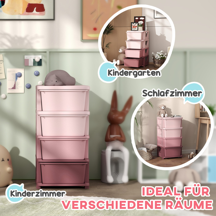 HOMCOM Chest of Drawers for Kids' Room, 4-Tier Toy Organizer, Toy Storage, Pink