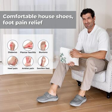 Домашні тапочки чоловічі FitVille для літніх людей та з широкою стопою, сліпони на липучці, розмір 41-50 (43 EU, сірий)