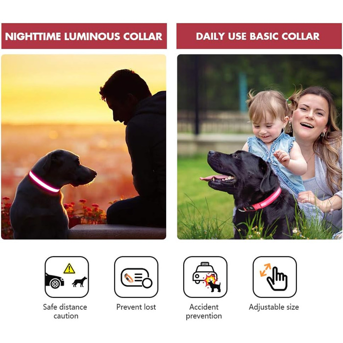 Світловідбиваючий нашийник для собак MABRILL з LED-підсвічуванням, перезаряджається, водонепроникний, для малих, середніх та великих собак, 3 режими світла, червоний (L)
