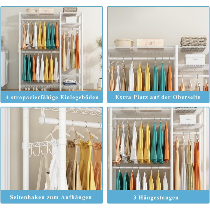 KZOBYD Clothes Rack, Freestanding Clothes Rail with Shelf Metal Wardrobe with Hanging Rods Open Closet with 4 Adjustable Shelves for Coats, Dresses, Shoes (White)