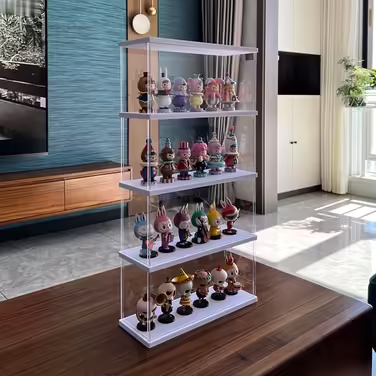 Joody Vitrine made of acrylic, Plexiglas boxes with 2 tiers, display case with door for Pop figures, minifigures, collectible toys, display storage organizer, dustproof with 2 shelves (Extended) – Original wood color (Two-layer, White)