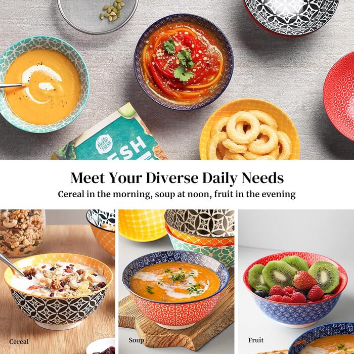 Набір мисок DOWAN 6 шт., 680 мл, для мюслі, супу, салату, сніданку, обіду, святковий набір, квітковий дизайн