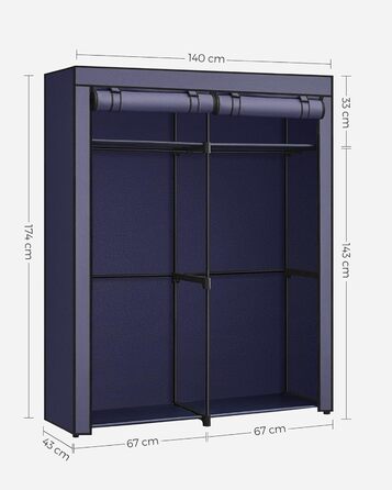 SONGMICS Storage Cabinet, Portable, with Hanging Rod, Folding, Wardrobe, Bedroom, Office, 140 x 43 x 174 cm, RYG02GY (Dark Blue)