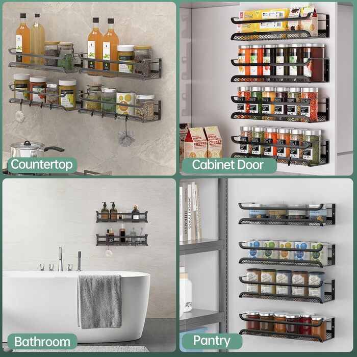 Настінна полиця для спецій, 4 шт. Організатор для спецій з рухомими гачками, полиця для спецій на кріпленнях (клей/шурупи), металева, для кухні та шафи