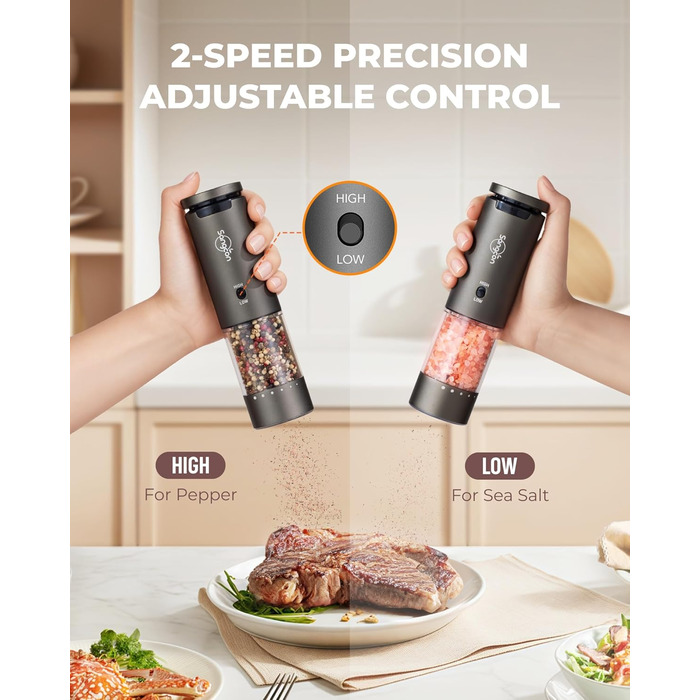 Sangcon Electric Salt and Pepper Grinder, 2 Speed Settings, 6 Grind Settings, Automatic Pepper Grinder with USB Charging Station, One-Handed Grinding (Space Grey)