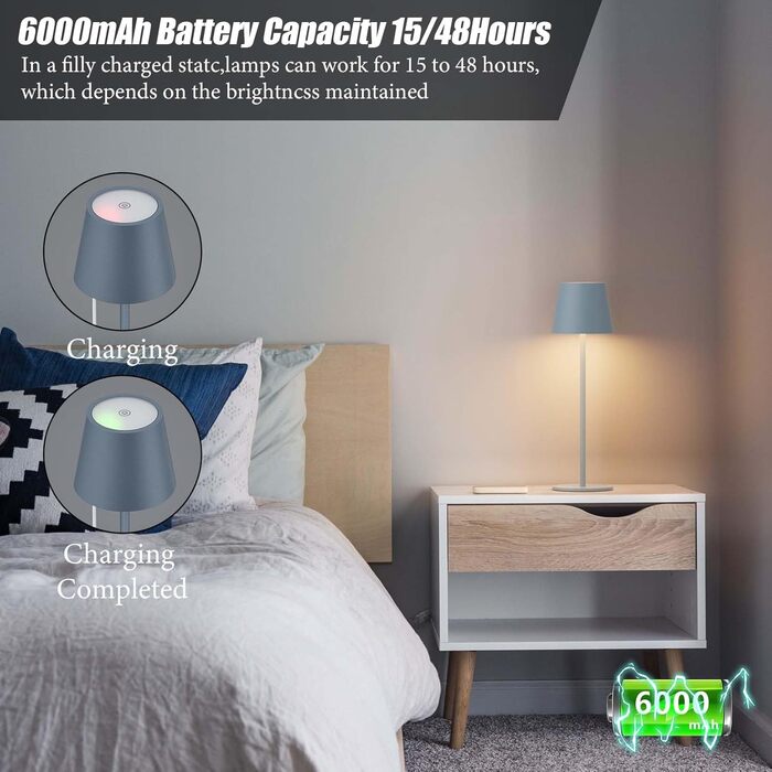 Aipsun LED настільна лампа на акумуляторі бежевого кольору з акумулятором 6000mAh, регульована яскравість (2700K-6000K), з алюмінію, вологостійка IP54, для ресторану, спальні, бару, кемпінгу, 2 шт.