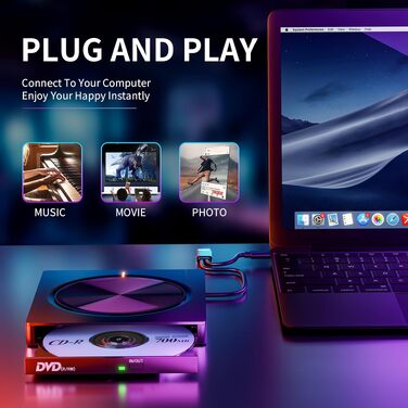Зовнішній CD/DVD привід USB 3.0 та USB-C, оптичний накопичувач CD/DVD +/-RW ROM для ноутбука, ПК, MacBook, iMac (Windows, MacOS, Linux)