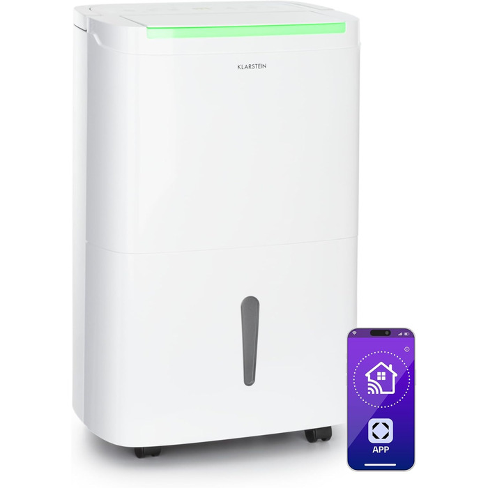 Електричний осушувач повітря Klarstein DryFy Connect 50L: 50 л/24 год, WiFi, Alexa, 7 л бак, таймер, для приміщень 45-55 м²