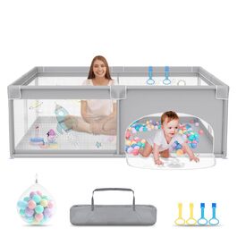 Дитячий манеж UISEBRT 180x200 см з 50 океанічними кульками, 4 ручками, переноскою, складаний, дихаюча сітка, синій з тваринами