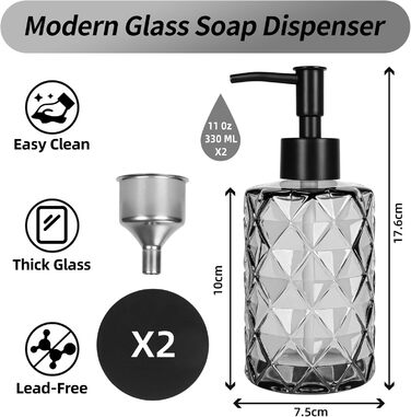 Дозатор мила чорний, скляний з нержавіючою сталею, 330 мл, для ванної кімнати та кухні, з підставкою