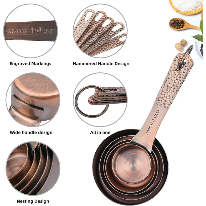 Zoyizi Measuring Cup and Spoon Set, 12-Piece, Copper Measuring Cups and Spoons for Kitchen and Baking, Dry and Liquid Metal Measuring Cups, Cute Metric 5 Measuring Cups, 6 Spoons, and 1 Leveler