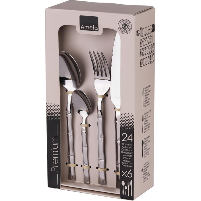 Набір столових приборів Amefa Karma 24 предмети для 6 осіб, сріблястий, з бамбуковим декором