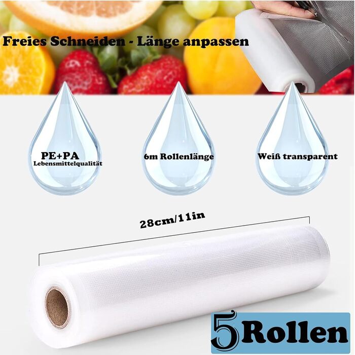 Vacuum Rolls, 5 Rolls, 28x600cm, Reusable BPA-Free Vacuum Sealer Rolls for Vacuum Sealers & Food Vacuum Machine, Suitable for Vacuum Sealers and Foil Sealing Devices