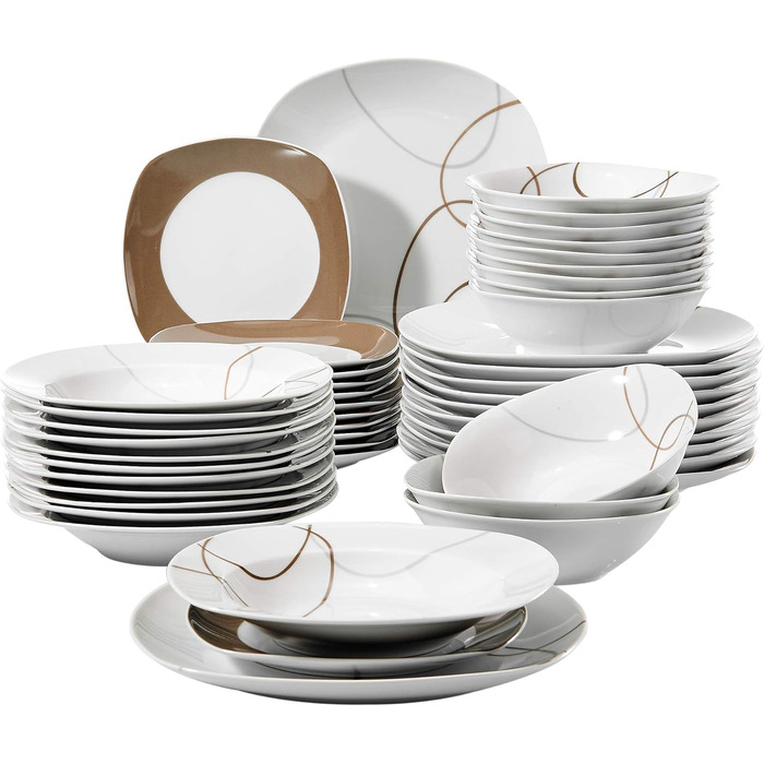 VEWEET Набір посуду 'Нікіта' з порцеляни, 24 елементи | Сервіз включає миски, десертні тарілки, тарілки для їжі та супові тарілки | Сервіз для 4-12 осіб (48-елементний набір посуду)
