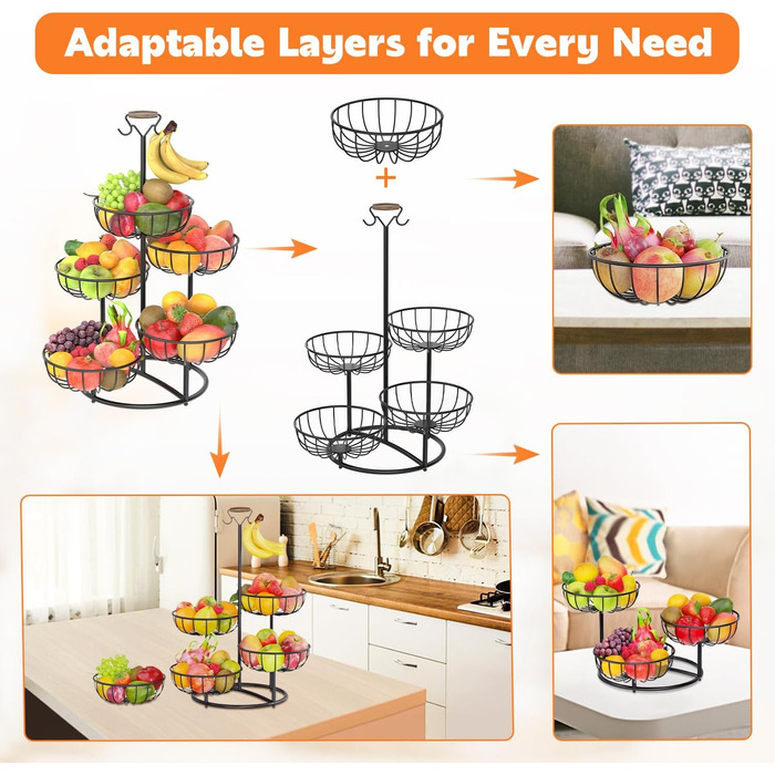 Багатоярусна підставка для фруктів PouHenier.jh – 5 ярусів, чорний колір, з тримачем для бананів. Металева підставка для фруктів та овочів, органайзер для кухні