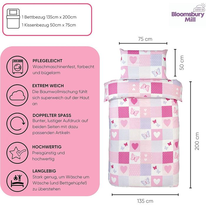 Дитяча постільна білизна Bloomsbury Mill 135x200 - комплект для дівчинки з принцесами та веселкою (рожево-ліловий, Patchwork)