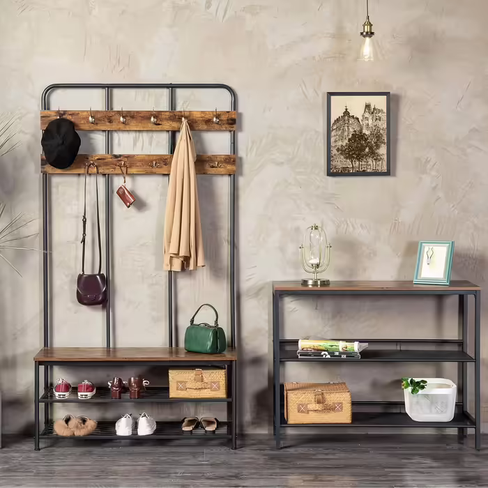HOOBRO Coat Rack, Large Wardrobe with Bench, Shoe Rack with Seating, Clothes Rack with 12 Hooks, Ample Storage Space, for Entryway, Bedroom, Living Room, Dark Brown-Black EBF05MT01
