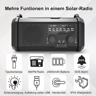 Радіо Solar Radio на сонячних батареях з ручним заводом AM/FM, Powerbank 20000mAh, ліхтарик LED, SOS-сигнал, USB-C зарядка для телефону, чорне – для кемпінгу та активного відпочинку