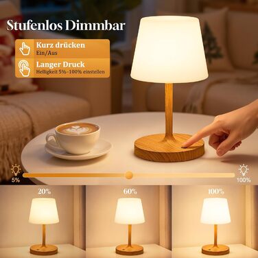 Світлодіодна настільна лампа бездротова з сенсорним керуванням, акумуляторна, з регулюванням яскравості та функцією пам'яті для спальні, кафе, вулиці, з імітацією текстури дерева