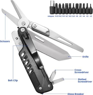 HONZIN Multitool 5-in-1 Multifunctional Pocket Knife, Folding Knife Scissors, Detachable Stainless Steel Geometric Knife for Outdoor Use, with Drawstring Pouch (Extra 11 Screwdriver Inserts)