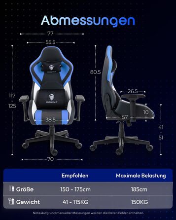 Ігровий крісло Dowinx з 4D підлокітниками, функцією гойдання 15° та регулюванням спинки до 165°, масажний, ергономічний, дизайн у стилі гоночного авто, для геймерів, Esport, максимальне навантаження 135 кг (блакитний)