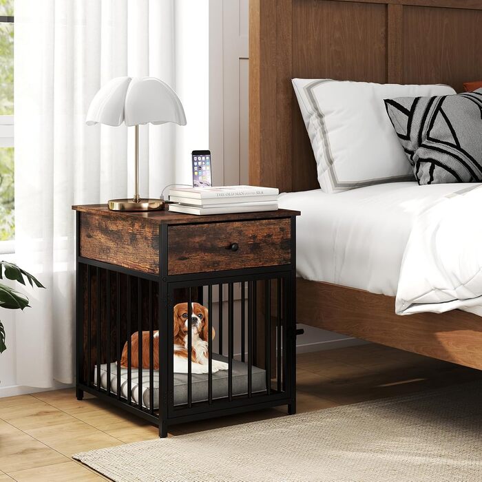 Клітка для собак COSTWAY, вольєр для собак з зарядною станцією, дверцятами, ящиком та металевими трубами, собача будка, приліжкова тумбочка, для маленьких та середніх собак, вінтажний коричневий, 50 x 60 x 64 см