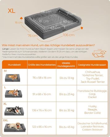 Ортопедичне ліжко для собак Feandrea, великий розмір, водовідштовхувальне, знімний плюшевий чохол, 122 x 85 x 16 см, сірий колір