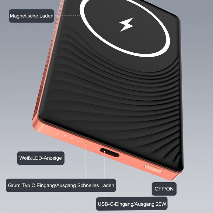 Power Bank Dbasne магнітний 5000mAh, 20W PD, QC 3.0, USB-C для iPhone 16/15/14/13, Travel, Outdoor (Orange)