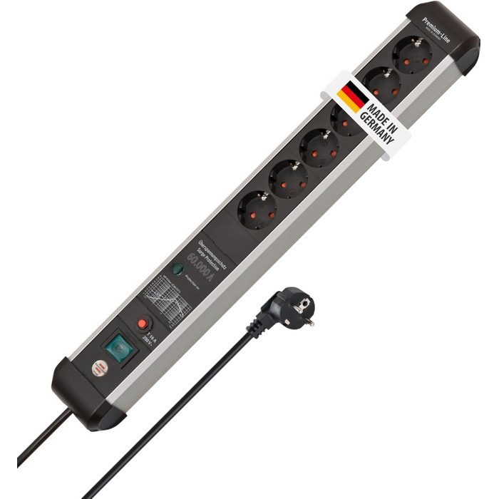Бренненштуль Premium-Protect-Line Розподільник розеток 6-фазний з захистом від перенапруги 60 000 A (з вимикачем та 3м кабелем, Made in Germany) Срібний/чорний, Нова версія Single