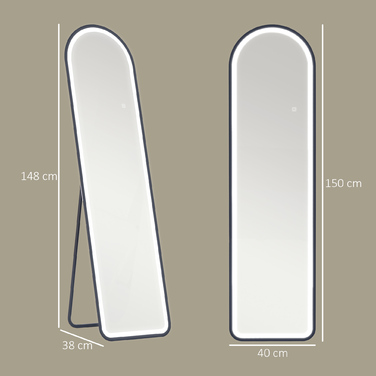 Дзеркало у повний зріст HOMCOM, 150 x 40 см, напольне дзеркало з LED-підсвічуванням, 3 кольори світла, настінне дзеркало зі стійкою, сенсорна кнопка, для спальні, вітальні, чорне | Aosom