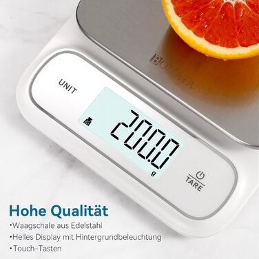 Кухонні ваги BOMATA, цифрові, 5 кг, точність 0,1 г, з підсвічуванням, платформа з нержавіючої сталі, білий колір