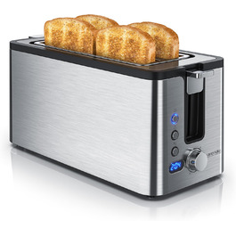 Тостер Arendo з нержавіючої сталі, 4 слоти, підігрів, підставка для бургерів, 1400 Вт, лоток для крихт, дисплей з таймером, сріблястий